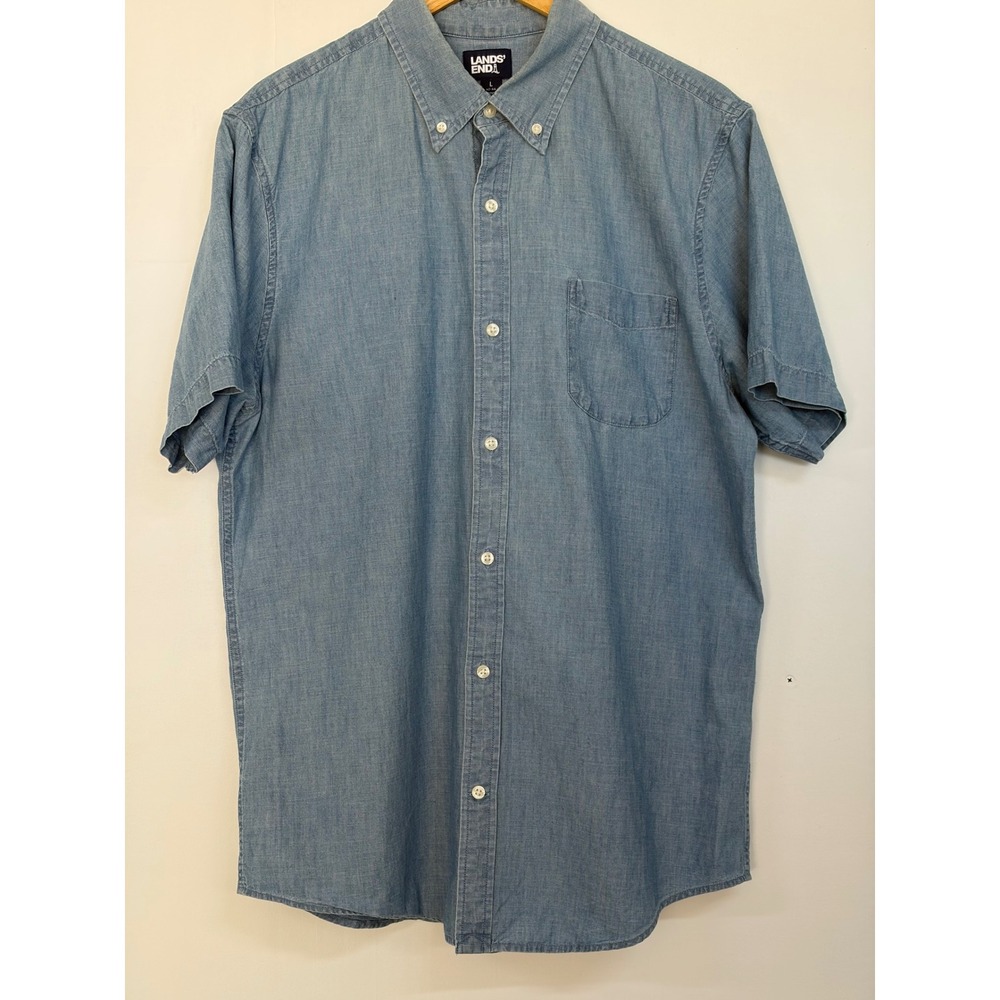 Lands' End Men's L Chambray Shirt Blue Short Sleeve Button Down Traditional Fit